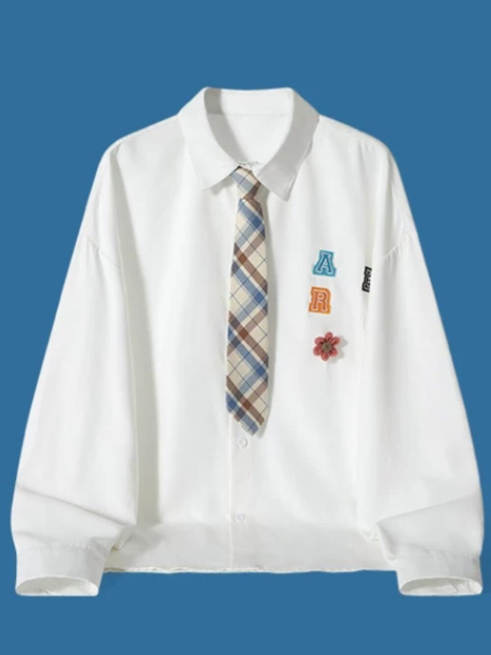 White Preppy Shirt with Plaid Tie Patches